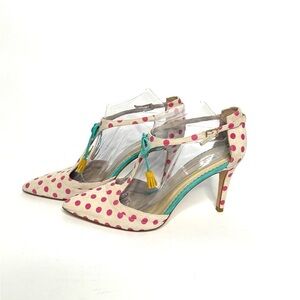 Boden Alice T-strap Tassel Stiletto Kitten Heel in Pink polka dots EU 41 US 10